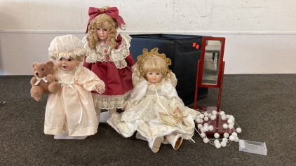 (3) Porcelain Dolls And More