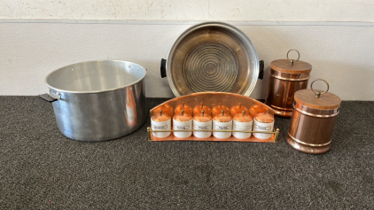 Rack with (6) Spice Jars & Lids, (2) Metal Containers with Lids, and (2) 12" W Stock Pots