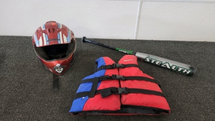 Helmet, Baseball Bat & Small Lifejacket