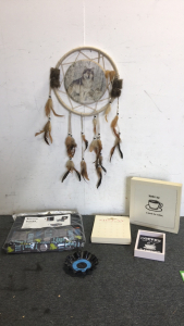 (2) Coffee House Decorations (1) Large Wolf Dreamcatcher (1) Paw Prints Rover On the Go Pet Bag (1) Millay Vintage Pantyhose (1) Vinyl Record Ashtray