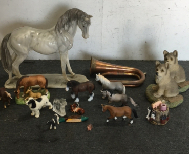 (1) Large 15” Decorative Horse (2) Baby Wolf Book Ends (7) Toy Horse Decorations (1) Copper Trumpet