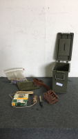 (1) Green Plastic Ammo Box (22) Spear .40 Hollow Point Bullets (1) Box of 20 8x57 js bullets (13) S&W .38 Special Bullets in Sleeve (1) Bag of 12GA Shotgun Shells (2) Duck Calls