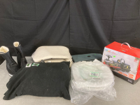 (4) Chair Cushions (1) Pair of Snow Boots- Eur 40- Packing Orgainzer, Christmas Toy Train, Fleece Blanket, Plus More