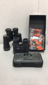 Bushnell 10x42 Waterproof Binoculars, Sears Discoverer Zoom Binoculars, Sangean PR-D Cordless Radio, Various Sophia Global Ink Cartridges.