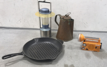 Wall Lantern, Antique Coffee Pot, Frying Pan, Dynamo and Solar Radio