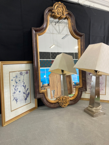 Mirror, Lamp, (2) Framed Pictures