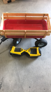 (1) Two Dots Lamborghini Hover Board (1) Wagon With Wood Panels and off road tires