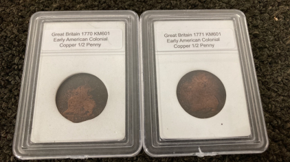 (2) Great Britain Early American Colonial 1/2 Penny Copper Coins