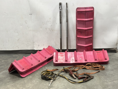 (13) Tire Chocks, (2) Metal Bars, Jumper Cables, and Ratchet Strap