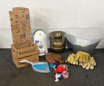 Spitoon, Western Themed Decorations, Homedics Humidifier, Brush & Dust Pan, (3) Work Gloves, and (3) Dog Toys