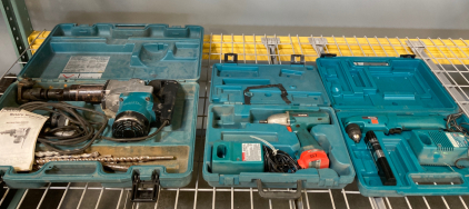 (1) Makita Rotary Hammer model: HR3851 (1) 12v Makita Impact Driver (1) Makita Right Angle Driver in Cases Lot # 3