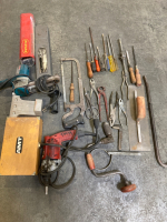 Bin of Hand Tools: Pliers, Welding Rods, Milwaukee screw Shooter, Makita Belt Sander, screwdrivers, Trowel, Crowbar, Plus More Lot # 7