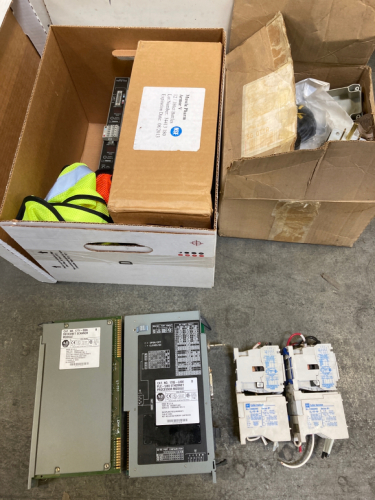 Bin of Electrical Supplies: Devicenet Scanner Module: cat#1771-SDN, Ethernet Processor Module: Cat # 1785-L8DE-PLC-5/80, Cutler Hammer No: c306DN3, (2) Spools of wire, Electrical Box Lot # 12