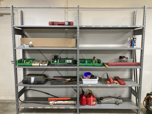 Shelving Unit with Assorted Tools and Shop Supplies: Car Jack, Craftsman Power tool, Hand Tools, grease Gun, Gas Cans, sockets, Drills, Welding Wire, Soldering Iron, Plus More Lot # 44a