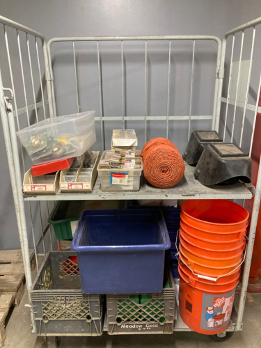 Rolling Cart with Buckets, Bins, Various Hardware, Twine, welding shields, fasteners, Plus More Lot # 46a