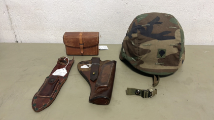 Camo Army Helmet, Military Leather Holster, Military Vietnam-Era Jet Pilot Survival Knife Sheath, and Vintage Military Leather Browning B.A.R. Tool Case