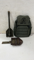 NRA Backpack and Military Folding Trench Shovel with Leather & Canvas Cover