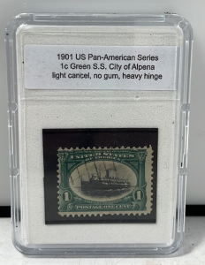 1901 US Pan-American Stamp Series 1 Cent Green S.S. City of Alpena, No Gum, Heavy Hinge