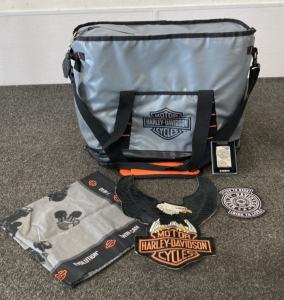 Harley Davidson Bag, Patches, Zippo And Handkerchief