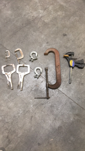 (1) Johansson 12” C-Clamp . (2) Brink and Cotton C-Clamps (2) Pairs of Vice Grips (2) 3/8 Hoist Hooks