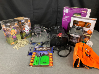 Halloween Decor: Fog machine, Fog Fluid, Pumpkin Lights, Pumpkin Hat, Carving Kit, (2) Spider, Blow Up Decor