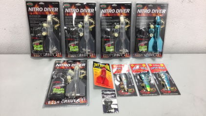 (5) Nitro Diver Super Fish Attractant, (3) Brads Super Bait Cut Plug, and others