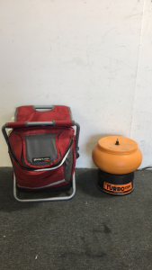 (1) Lyman Reloading Tool Turbo Tumbler (1) Glacier Edge Foldable Chair With Built in Lunch Box