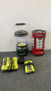 (2) Coleman lanterns- (2) RYOBI Chargers