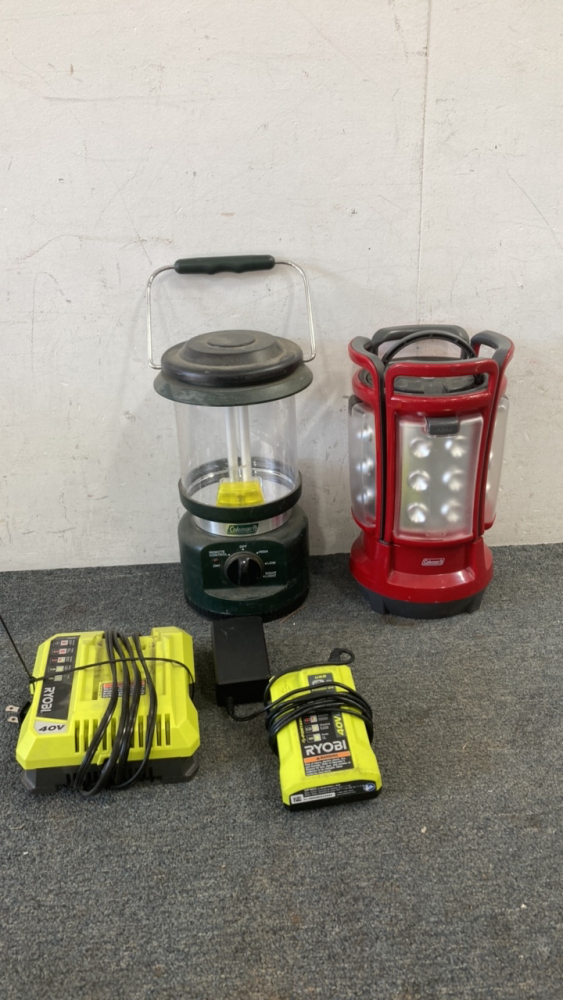 (2) Coleman lanterns (2) RYOBI Chargers