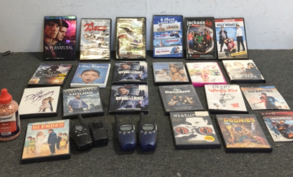 (20) DVD Movies (2) New PlayStation 3 Games (4) walkie Talkies (1) Jar of Copperhead Bb’s