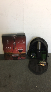 (1) Cellini 5-Piece Stemware Wine Set (1) Backpack Coffee Break Set