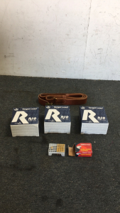 (3) Boxes Of Rio Desde 12Guage ShotgunShells (21) American Eagle .22 LR Ammo (1) Leather Belt