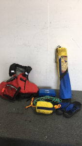 (1) Kokatat Life Jacket With Knife (1) pair Water Shoes (2) Water Ski Tow Rope (1) Aire Raft Repair Kit