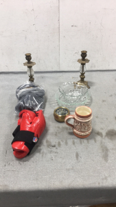 (2) Candlesticks, Decorated Mug, Glass Bowl and Plate, Bag of Headphones, Small Clock, Boxing Gloves