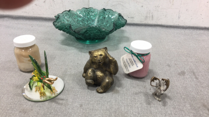 (2) Candles, Bear Figure, (2) Dragon Figures, Glass Bowl