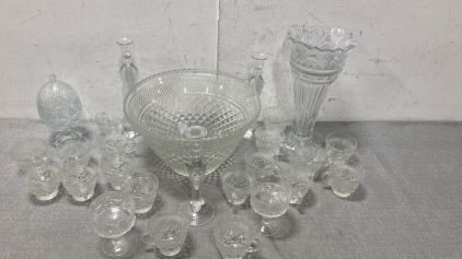 Crystal Punch Bowl, Cups, Goblets, Vase, Snack Jar and Candle Stick Holders