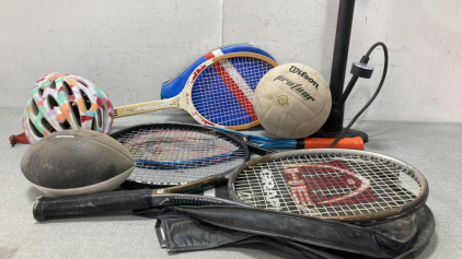 Tennis Rackets, Foot Pump, Balls and Bike Helmet