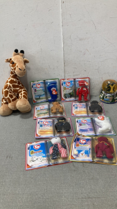 (8)McDonalds TY Beanie Babies, a Stuffed Giraffe And a BYU Snow Globe