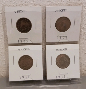 Set of (4) Various Year V-Nickels