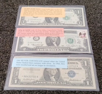 1976 $2 Note, Old Silver Certificate $1 Bill, and Scarce Barr Note