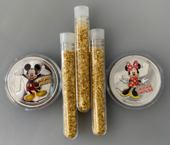 (2) Silver Plated Disney Collectible Coins and (3) Jars of Gold Flake