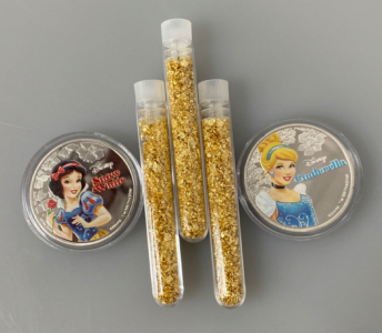 (2) Silver Plated Disney Collectible Coins and (3) Jars of Gold Flake