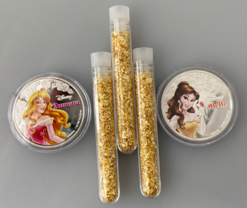 (2) Silver Plated Disney Collectible Coins and (3) Jars of Gold Flake