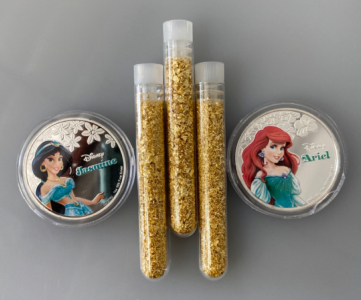 (2) Silver Plated Disney Collectible Coins and (3) Jars of Gold Flake