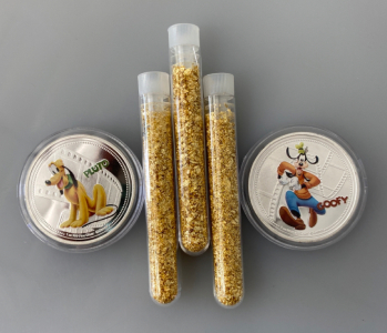 (2) Silver Plated Disney Collectible Coins and (3) Jars of Gold Flake