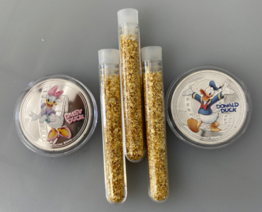 (2) Silver Plated Disney Collectible Coins and (3) Jars of Gold Flake