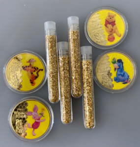 (4) Gold Plated Disney Collectible Coins and (4) Jars of Gold Flake