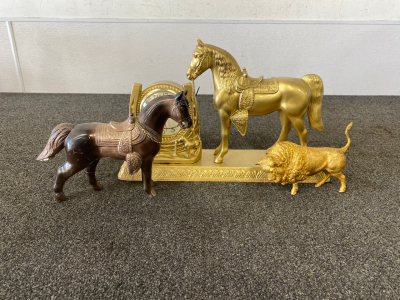 Vintage Buffalo Statue, 1950’s Horse, and Horse Clock