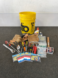 Bucket With Assorted Tools, Hardware, and More