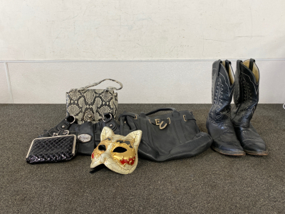 Handbags, Mask, and Pair of Tony Lama Boots Size 8D
